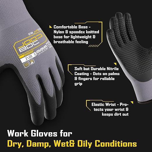 COOLJOB 12 Pairs Nitrile Rubber Coated Nylon Safety Work Gloves Pack Bulk, Dotted for Non-Slip Grip, Breathable Soft Seamless Knit Nitrile Dipped Gloves for Warehouse, Home Improvement, Yard, Xlarge