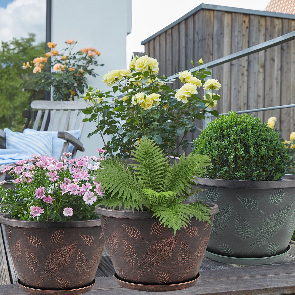 11 inch Plant Pot Set of 3, Plastic Flower Pots with Drainage Holes & Tray
