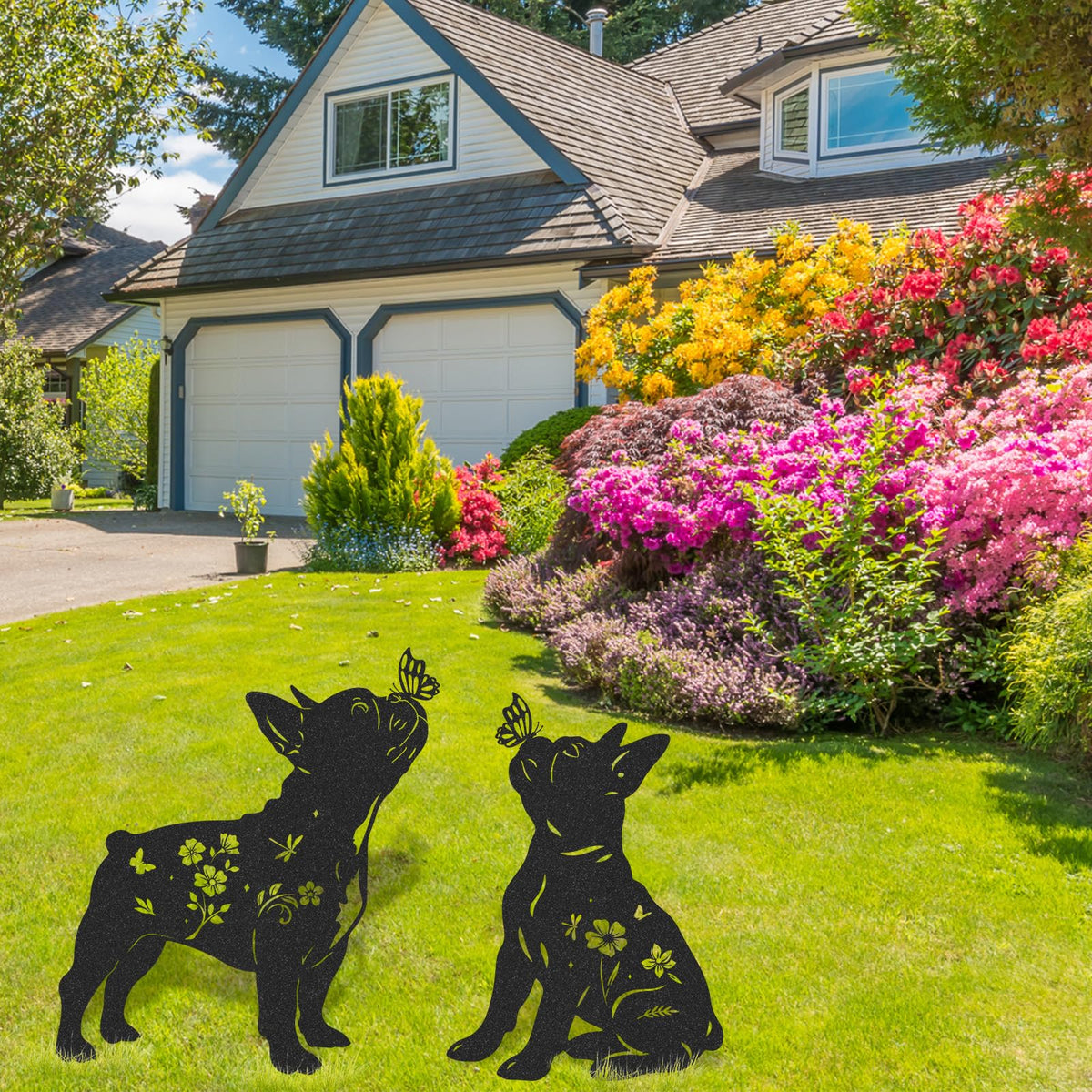 LIRAVENO French Bulldog Garden Decor - 2 Pcs Metal Animal Statue Set