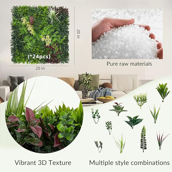 DOPGIB Artificial Grass Wall Boxwood Plant Panel: 20"x20"(24P) UV Resistant Green Leaves Faux for Interior Wall Backdrop,Garden and Indoor Outdoor Wall&Fence Covering Privacy，Party Wall Fence Decor