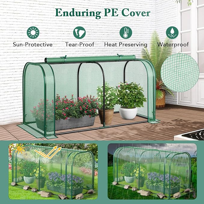 Toolsempire Raised Garden Bed with Greenhouse, Waterproof Sun-Protective Green House with Roll-Up Door & Electroplated Metal Frame, Fir Wood Elevated Planter Box with Drainage Holes(Green+Natural)