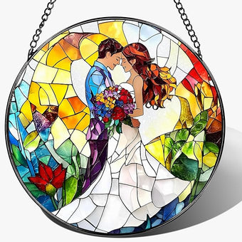 LAOWEIKI 8'' Romantic Couple Wedding Sun Catcher Ornament, Stained Glass Window Hanging, Suncatchers for Windows Hanging Ornaments, Window Decor | Ideal Gift, Wedding Gift, Gifts for Couple & Newlywed