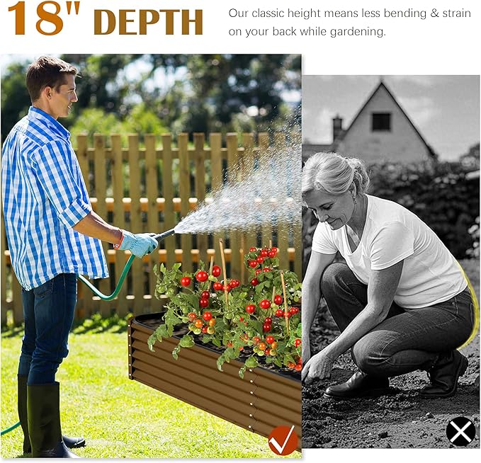 Domi 8x4x1.5ft Metal Raised Garden Beds Outdoor, Thickened Galvanized Steel Deep Root Planter Box with Stabilizing Bars & Rubber Edging for Vegetables, Flowers, Herbs - Brown