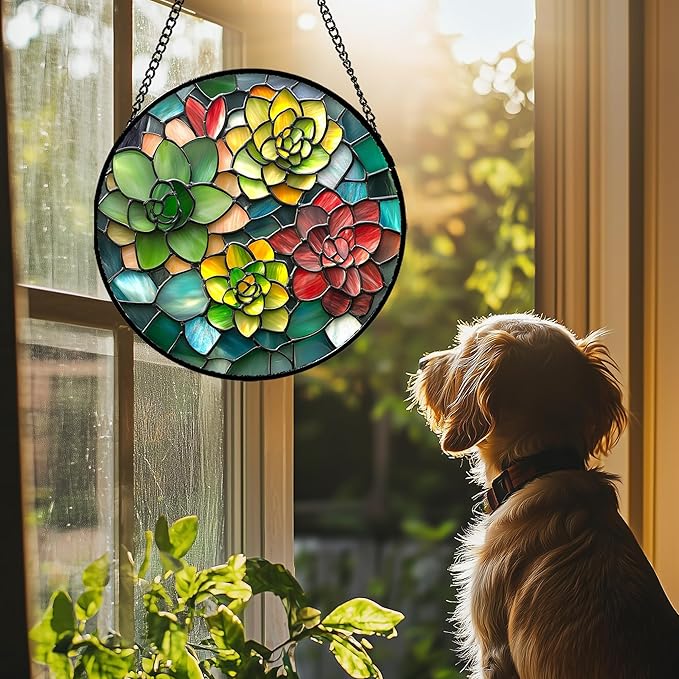 HWRHTR Stained Glass Window Hanging - Red Green Succulent Plants Suncatcher for Doors Window Home Sun Catchers Decor Christmas Mother's Day Birthday Gifts for Teacher Women Men Mom Nana 15 in