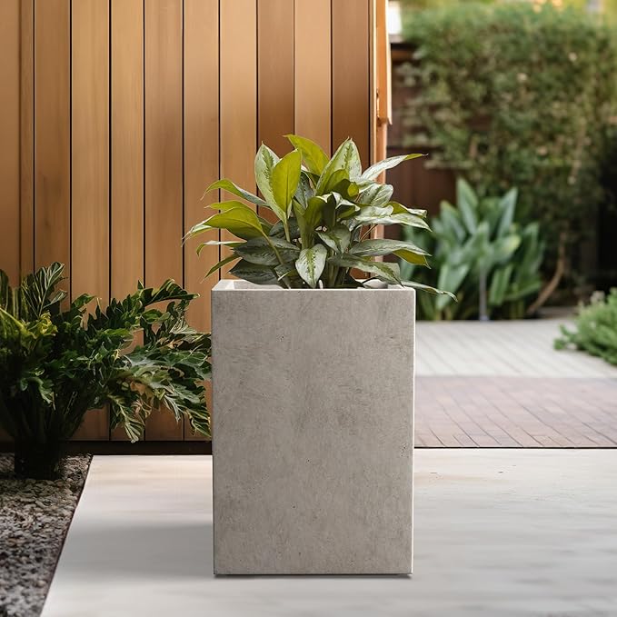 Kante 15.7" H Tall Rectangular Concrete Planters, Outdoor Indoor Lightweight Plant Pots with Drainage Hole and Rubber Plug, Modern Style for Home Garden Patio, Weathered Concrete