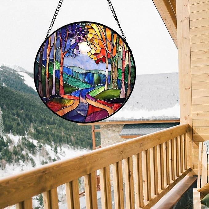 Stained Glass Window Hanging, Colorful Forest Landscape Tree Suncatcher for Doors Window Home Abstract Sun Catchers Decoration Mother's Day Birthday Gifts for Women, Men, and Mom 6.3 in
