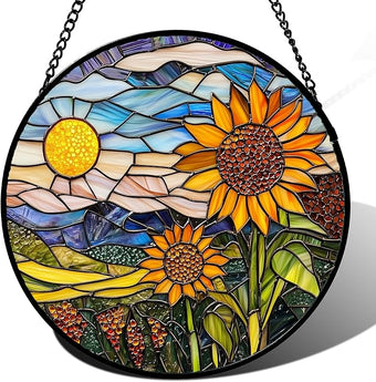 AMDERVEN Stained Glass Suncatcher, Sunflower Flowers Landscape Sun Catcher Plant Mountains Stain Glass Window Hanging Decoration Mother's Day Birthday Gifts for Women Men Mom Nana 9.8 in