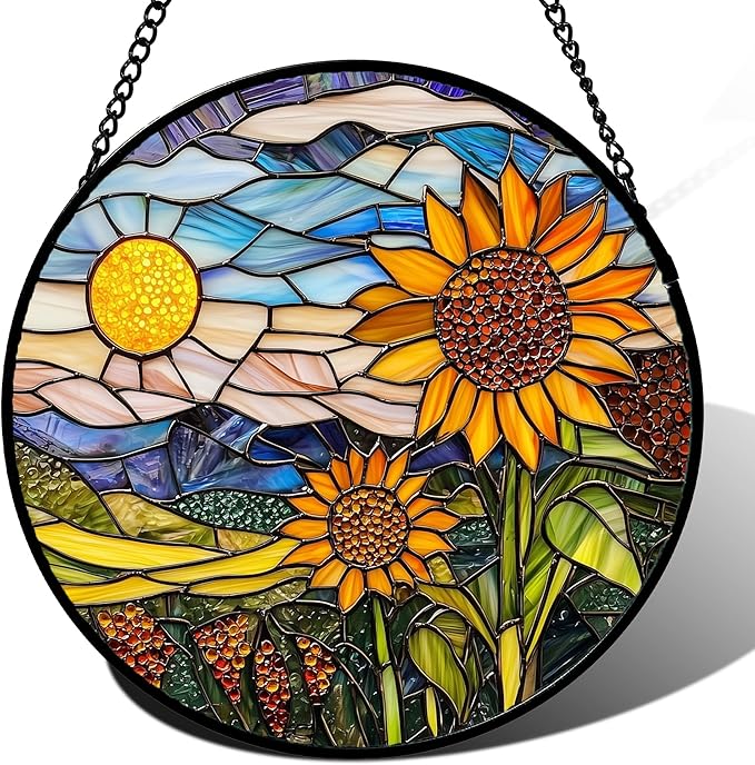 AMDERVEN Stained Glass Suncatcher, Sunflower Flowers Landscape Sun Catcher Plant Mountains Stain Glass Window Hanging Decoration Mother's Day Birthday Gifts for Women Men Mom Nana 7.8 in