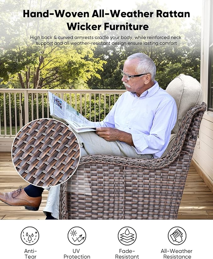HUMMUH Luxury Patio Furniture Set 6-inch Thick Cushions High Back Swivel Rocker Chairs & 3 Seater-Couch & Steel Fire Pit Table 11 Pieces Outdoor Conversation Set for Porch,Deck,Backyard