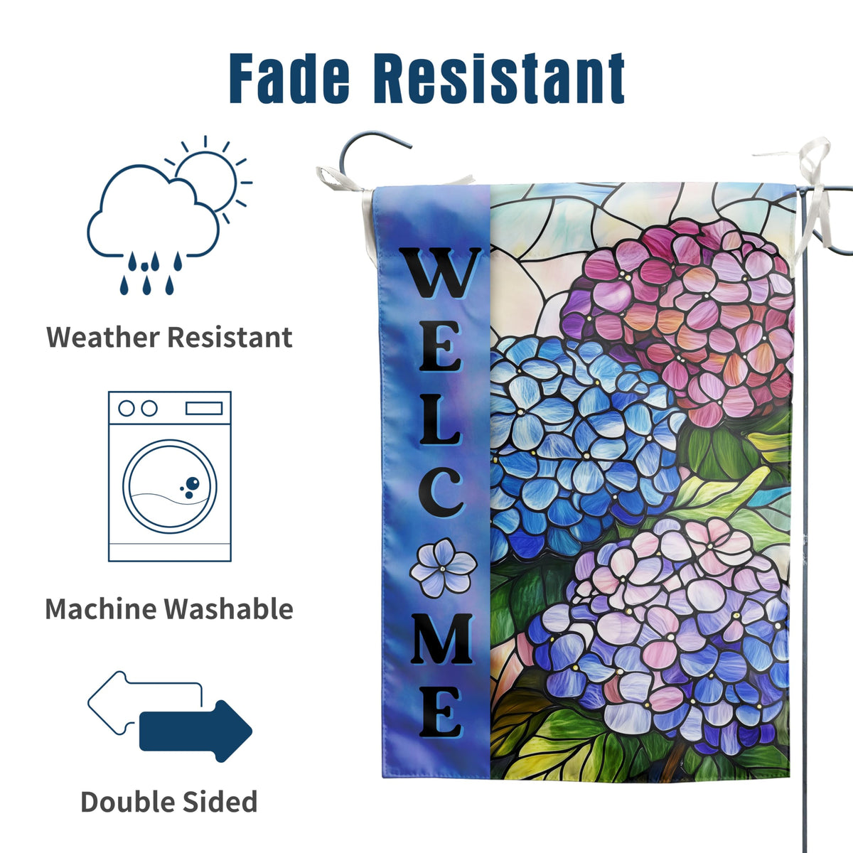 Hydrangea Spring Summer Garden Flag for Outside Stained Glass Flower Yard Decor 12x18 Double Sided Blue Floral Welcome Outdoor Banner