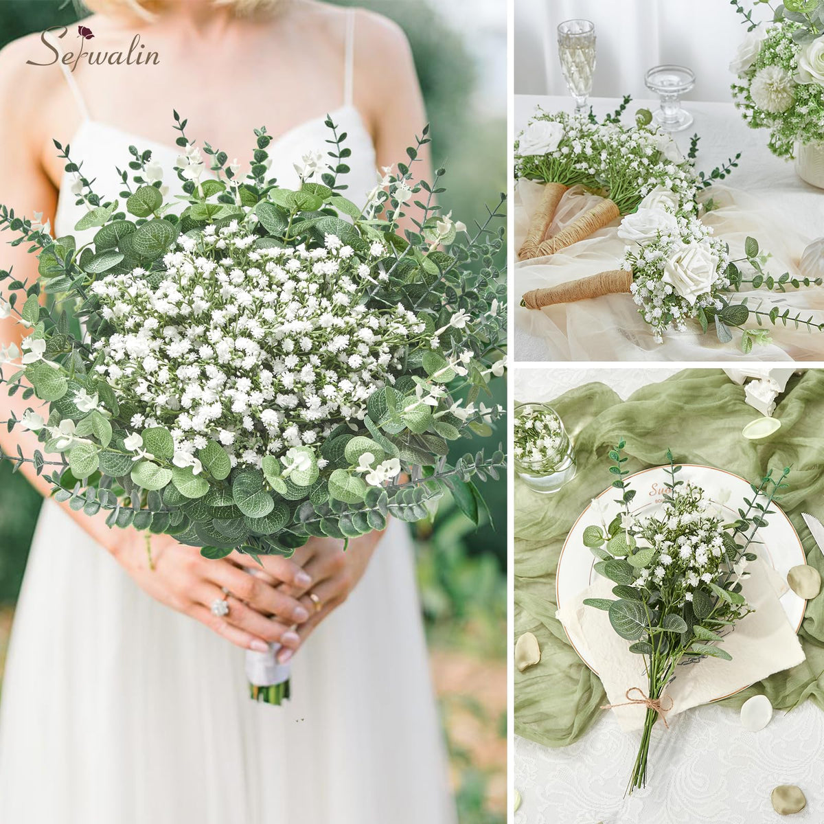 Serwalin 100PCS Mixed Eucalyptus Stems with Baby's Breath Greenery