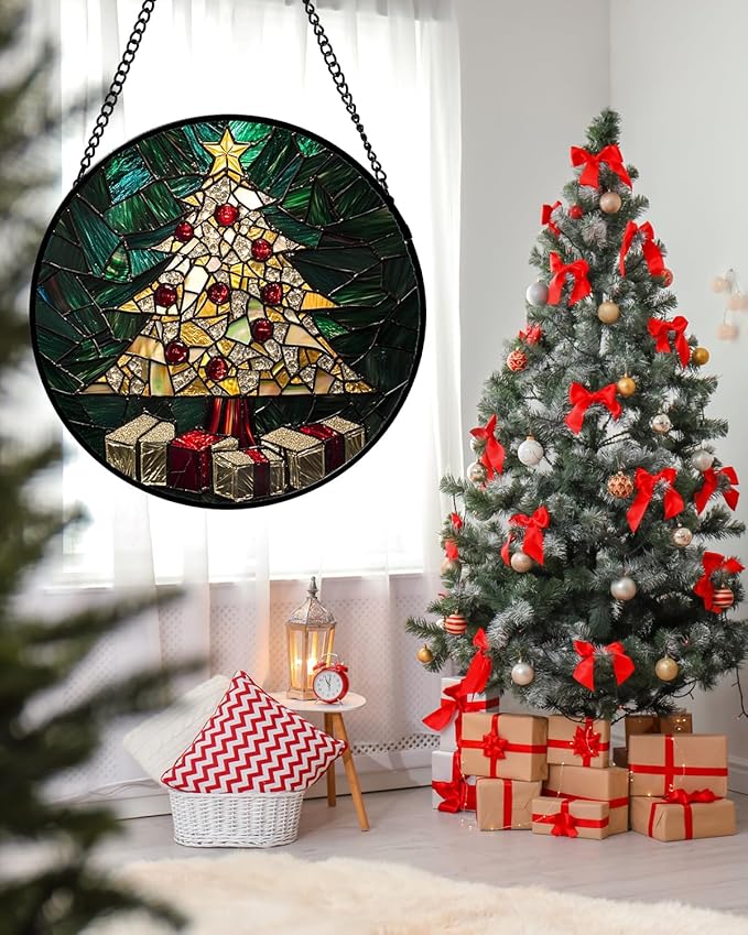 HWRHTR Stained Glass Window Hanging - Golden Christmas Tree Suncatcher for Doors Home Christmas Decoration Winter Sun Catcher Thanksgiving New Year Birthday Gifts for Women Men Mom Nana Girl 11.8 in