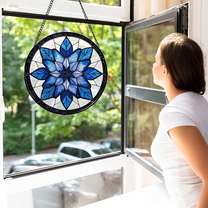 Stained Glass Window Hanging - Blue Snowflake Flowers Suncatcher for Doors Garden Patio Boho Sun Catchers Decor Christmas Mother's Day Birthday Gifts for Women Men Mom Nana Friend 6.3 in