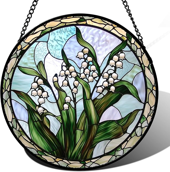 AMDERVEN Stained Glass Window Hanging, White Green Lily of The Walley Flowers Sun Catcher for Door Home Decor Plants Suncatcher Christmas Mother's Day Birthday Gifts for Women Men Mom Nana 11.8 in