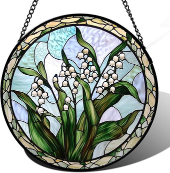 AMDERVEN Stained Glass Window Hanging, White Green Lily of The Walley Flowers Sun Catcher for Door Home Decor Plants Suncatcher Christmas Mother's Day Birthday Gifts for Women Men Mom Nana 11.8 in