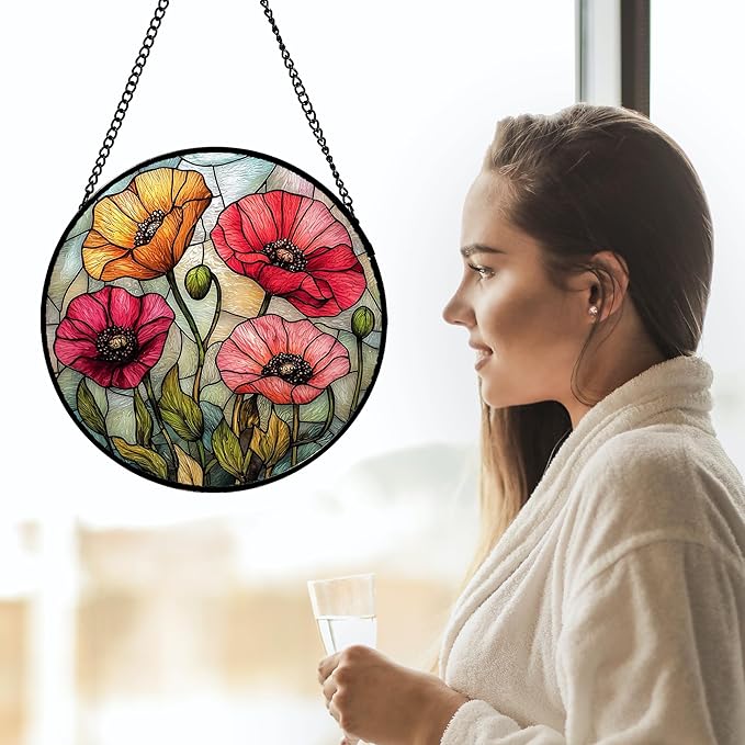 AMDERVEN Stained Glass Suncatcher, Red Orange Poppy Flowers Sun Catcher Silver Background Wildflowers Window Hanging Decor Christmas Mother Birthday Gifts for Women Men Mom Nana 6.3 in