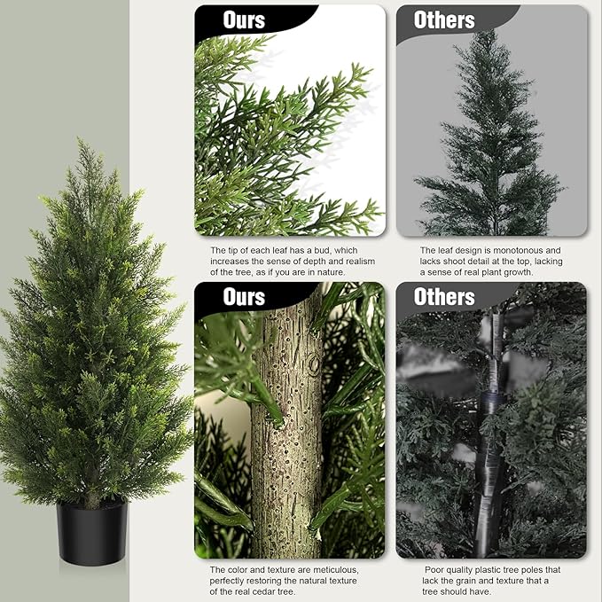 Outdoor Artificial Cedar Topiary Tree, Faux Evergreen Shrubs for Front Porch Decor, Lifelike Fake Bushes Plants for Home Living Room Front Door Decor (2, 3ft)
