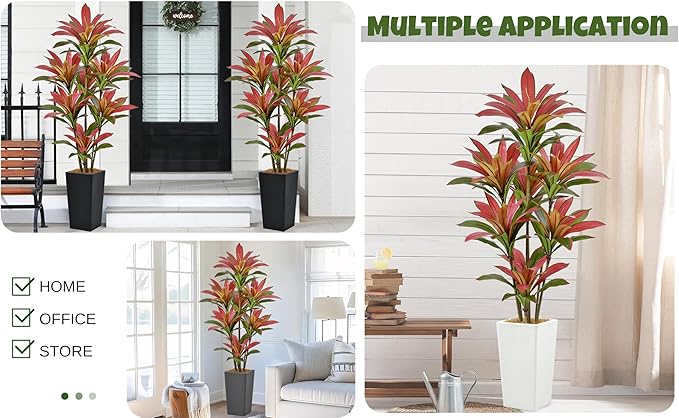 Roselywed Artificial Red Dracaena Tree 6FT with 114 Leaves & 7 Heads & Gray Tall Planter Cover with Coconut Fiber Tall Faux Tropical Silk Bicolor Plant 72 Inch for Indoor Home Office Porch Mall Decor