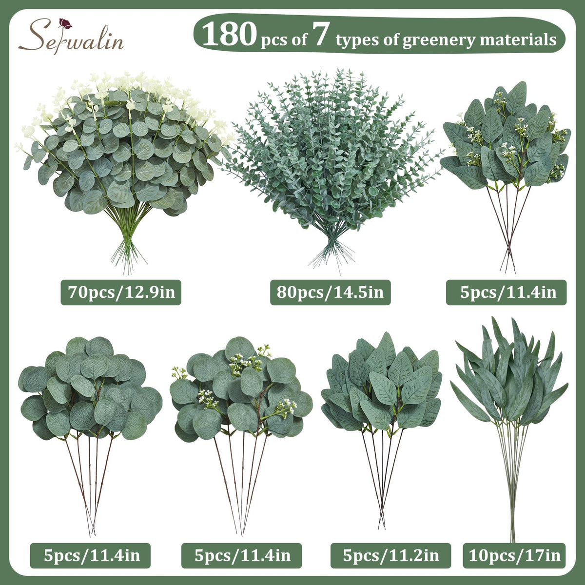Serwalin 180 Pcs 7 Kinds Mixed Artificial Eucalyptus Stems Faux Greenery