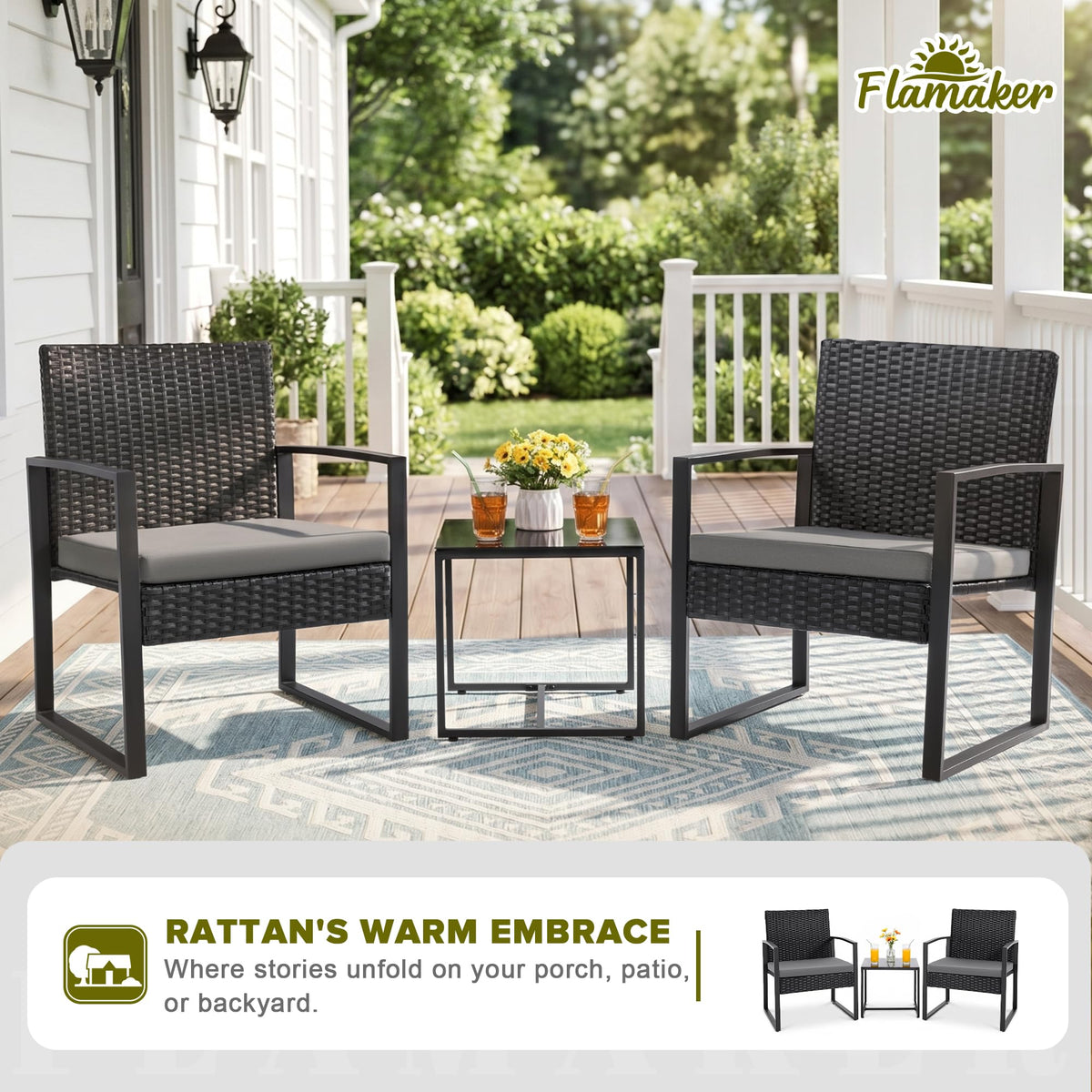 Flamaker 3 Pieces Patio Furniture Set Outdoor Wicker Bistro Chair (Grey)