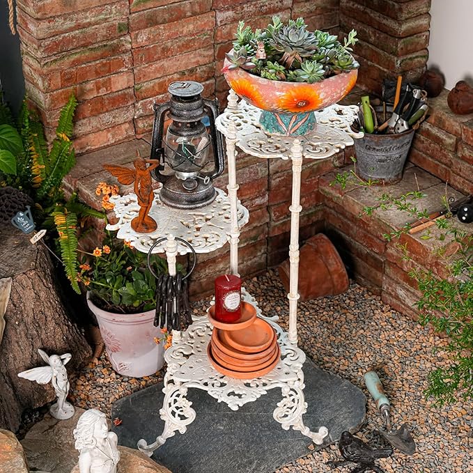 Sungmor Vintage Cast Iron 3-Tier Plant Stand, Elegant Butterfly & Floral Design with Antique White Finish, 28 Inch Tall Rustic Flower Pot Holder, Heavy Duty Metal Display Shelf for Indoor and Outdoor