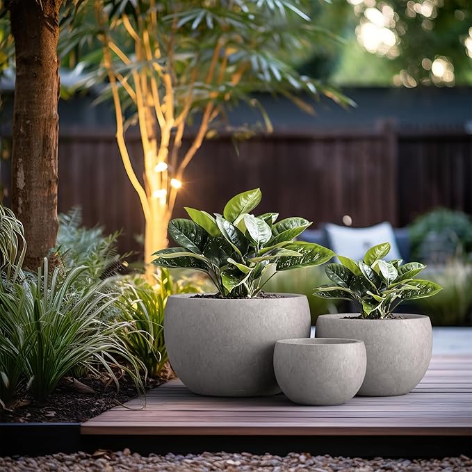 Kante 19.9",15.7",11.8" Dia Round Concrete Planter Set of 3, Outdoor/Indoor Large Bowl Plant Pots with Drainage Hole and Rubber Plug for Garden Patio Balcony Home, Light Gray