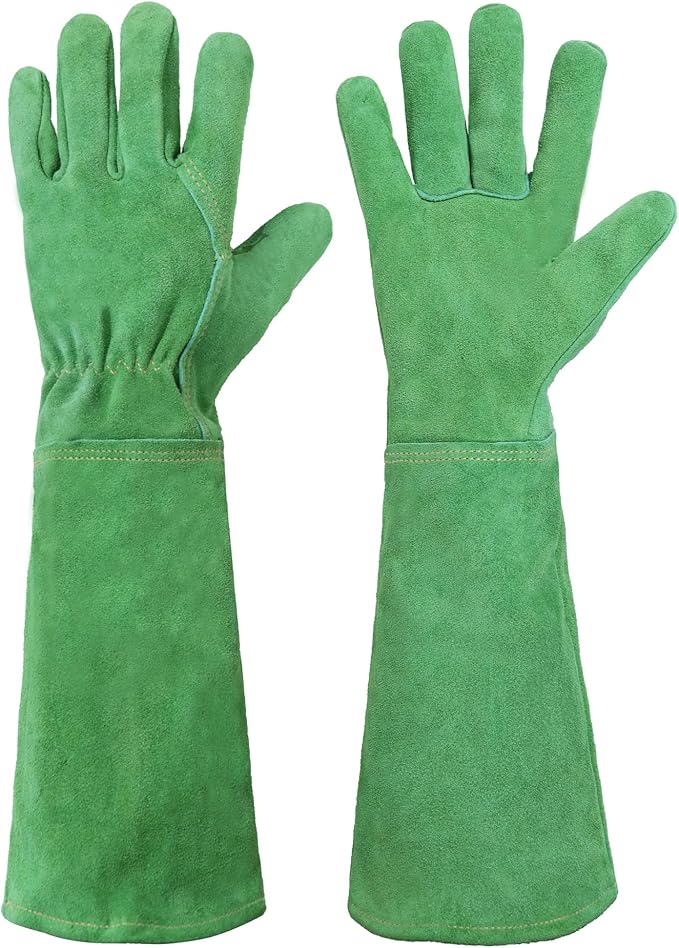 HANDLANDY Leather Gardening Gloves, Thorn Proof Long Gauntlet Heavy Duty Garden Gloves, Elbow Length Rose Pruning Weeding Yard Glove (X-Large, Green)