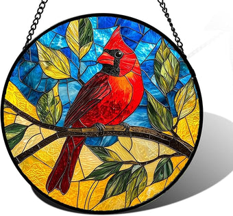 DASTOLL Stained Glass Window Hanging, Blue Sky Cardinal Sun Catchers Colorful Glass Panel Red Birds Suncatcher Decor for Birthday for Women, Men, Wife, Aunt, and Mom 7.8 in