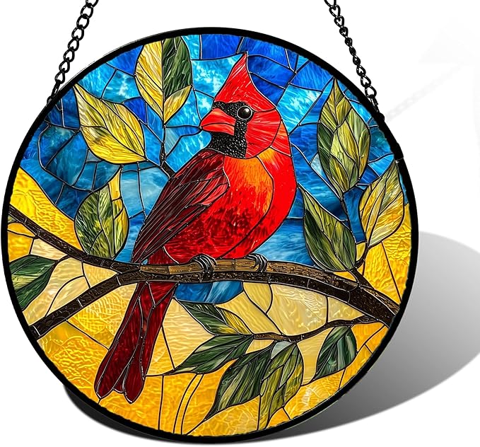 DASTOLL Stained Glass Window Hanging, Blue Sky Cardinal Sun Catchers Colorful Glass Panel Red Birds Suncatcher Decor for Birthday for Women, Men, Wife, Aunt, and Mom 6.3 in