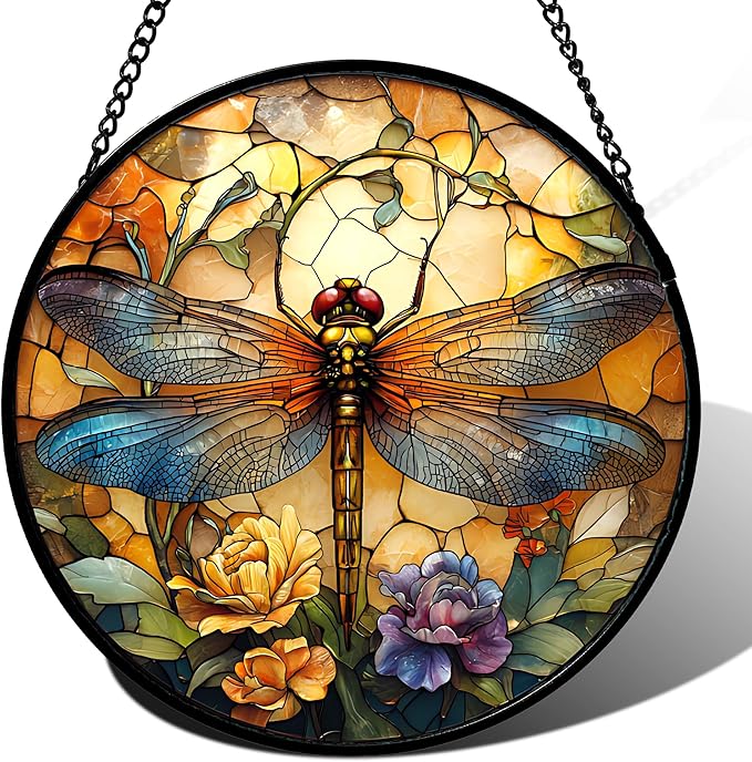 HWRHTR Stained Glass Window Hanging - Orange Blue Dragonfly Flower Suncatcher for Doors Window Home Sun Catchers Decor Christmas Mother's Day Birthday Outdoor Gifts for Women Men Mom Nana 14.9 in
