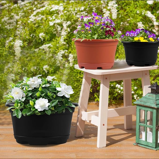 KPUVX 5 Pack 10.5 inch Plant Pots,Planter-Pots-for-Plants，Plastic Flower Pot for Indoor Outdoor Plants with Drainage Holes & Trays, Decorative Garden Containers Sets for Houseplants