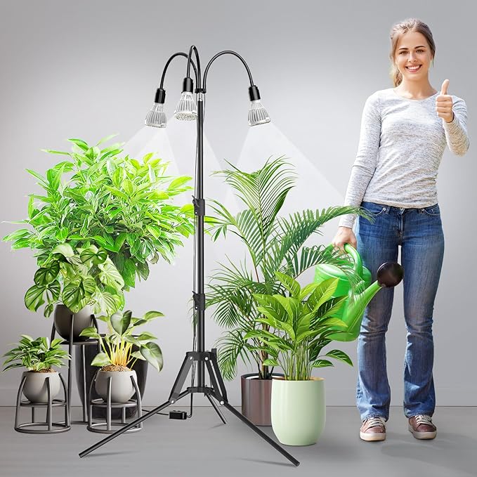 SANSI Grow Lights for Indoor Plants, 96W Full Spectrum Grow Light, No Dimmable 35-64 inches Detachable Tripod Standing Grow Lights, High PPFD 3 Pack of Par25 32W Bulb Plant Lights for Indoor Growing