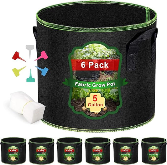 MEKOLIFE 5 Gallon Fabric Grow Bags 6-Pack, Thickened Aeration Planter Bags with Handles Plant Tags Seedling Bags for Outdoor Indoor Vegetable Garden, Black