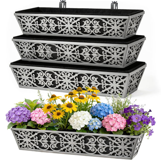4 Pack 30 Inch Window Boxes Planter for Outdoor Plants Deck Railing Planters Box with Adjustable Brackets for Porch Fence Balcony Hanging Flower Baskets with Non-Woven Fabric Liner for Garden Décor