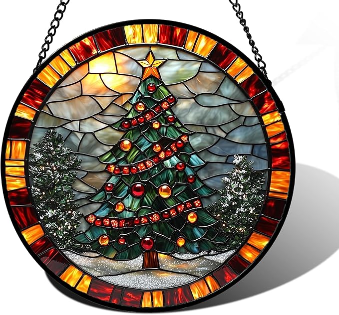 Stained Glass Window Hanging - Winter Christmas Tree Suncatcher Ready to Hang Window Doors Home Decoration, Christmas, Mother's Day Birthday Gifts for Women, Men, and Mom 6.3x6.3 in