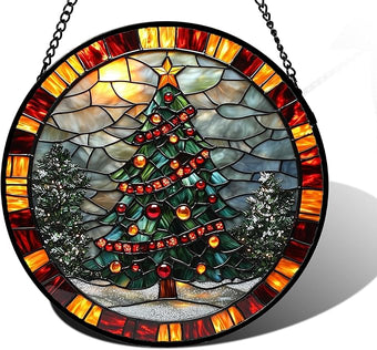 Stained Glass Window Hanging - Winter Christmas Tree Suncatcher Ready to Hang Window Doors Home Decoration, Christmas, Mother's Day Birthday Gifts for Women, Men, and Mom 7.8x7.8 in