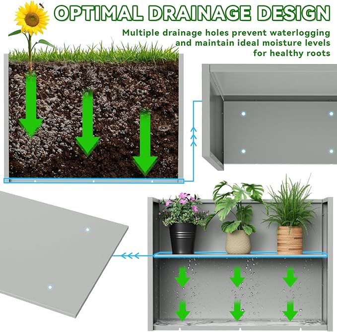 NUWJBYE Tall Metal Planter Box, 30" L x 10" W x 24" H Large Outdoor Planters with Drainage & Adjustable Shelf, Heavy Duty Steel Rectangular Planter for Patio, Balcony, Indoor(Gray)