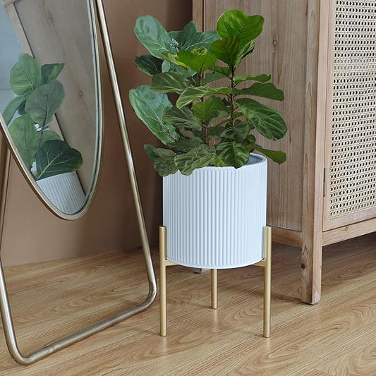 ARNIS Modern Planter Pots, Set of 2 Round Large Planters with Stand, Decorative Floor Planters, Metal Pots with Drainage Holes for Living Room, Office, Garden or Balcony, 8.25 &10.5 Inch, White & Gold