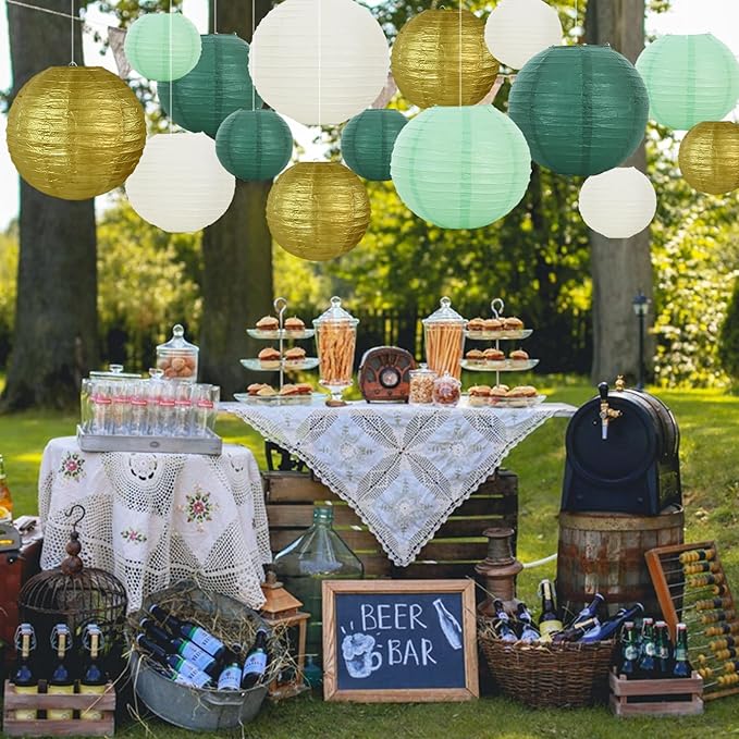 BEISHIDA 16 Pcs Sage Green Gold Paper Lanterns,Hanging Decorative Chinese Japanese Round Paper Lantern Lamp for Birthday Wedding Baby Bride Shower Home Party Decoration