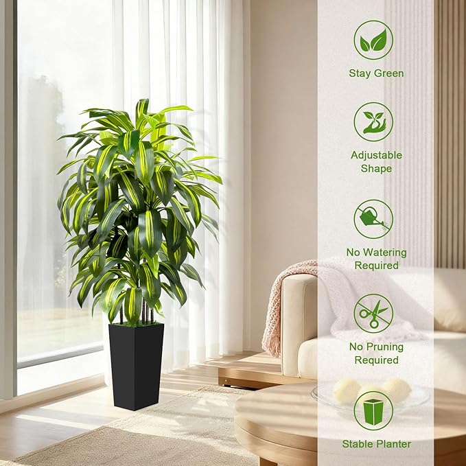 5FT Tall Fake Plant Artificial Dracaena Tree with Black Planter Faux Plants Indoor Living Room Artificial Plants Indoor Decor Large Fake Plant