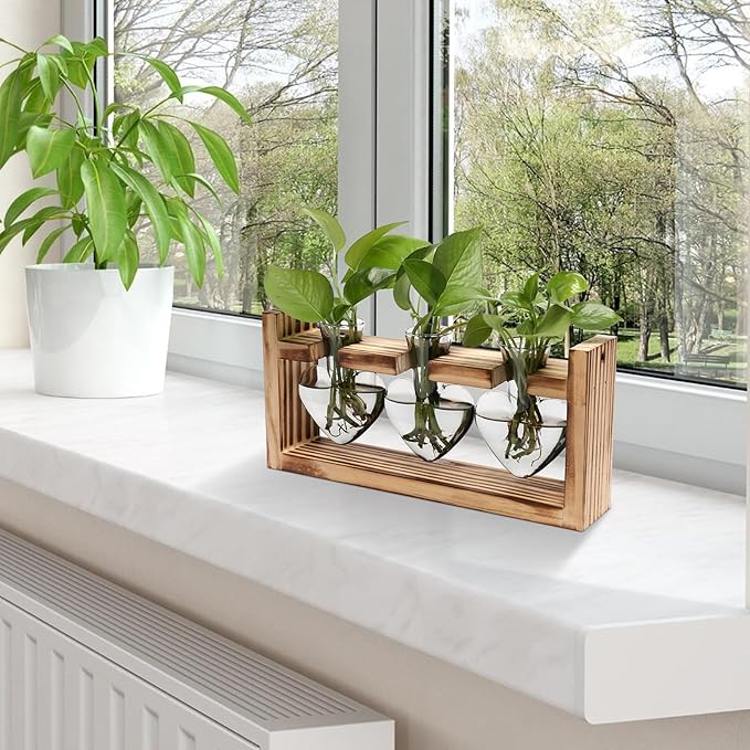 Plant Terrarium Propagation Stations Hydroponics Home Garden Decoration Gift for Women with Wooden Stand Heart Shaped Colored Glass Vase