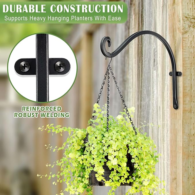 Lifyzoon Hanging Plant Brackets Outdoor - 4 Pack 12-Inch Hanging Bird Feeder Hangers, Black Metal Outdoor Wall Hooks for Heavy Plants, Birdhouse, Wind Chimes