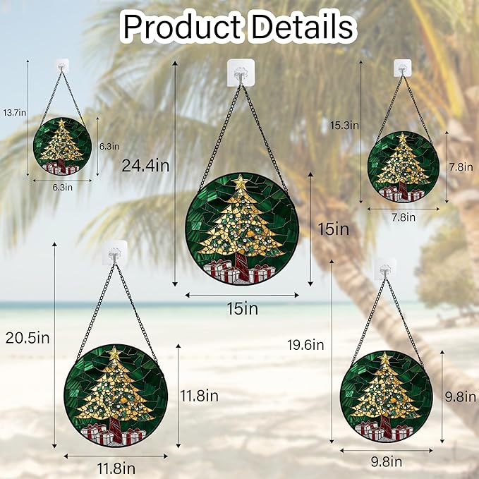 HWRHTR Stained Glass Window Hanging - Gold Green Christmas Tree Suncatcher for Doors Home Christmas Decoration Winter Sun Catcher Thanksgiving New Year Birthday Gifts for Women Men Mom Nana 11.8 in