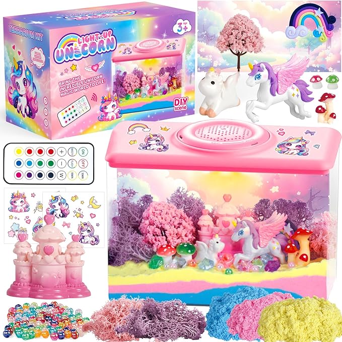 Unicorn Light-Up Terrarium Kit for Kids - Night Light with Remote & Music, Arts and Crafts for Kids Ages 8-12, DIY Girls Toys Age 6-8, Perfect Birthday Hoilday Christmas Gifts for 4-12 Year Old Girls