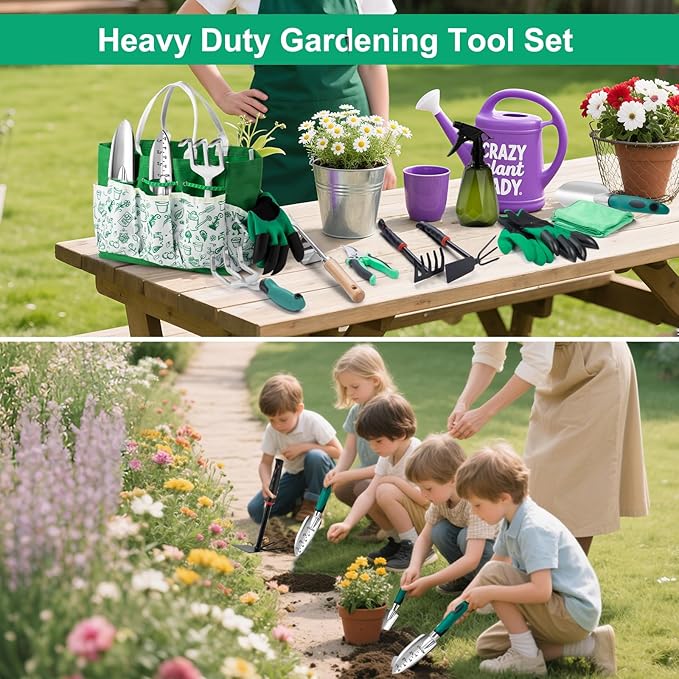 Garden Tool Set for Women, 12pcs Heavy Duty Gardening Tools, Cute Gardening Supplies Gifts for Women Mom, Garden Hand Tools with Fashion Organizer Handbag, Garden Tools for Gardening, Planting, Green