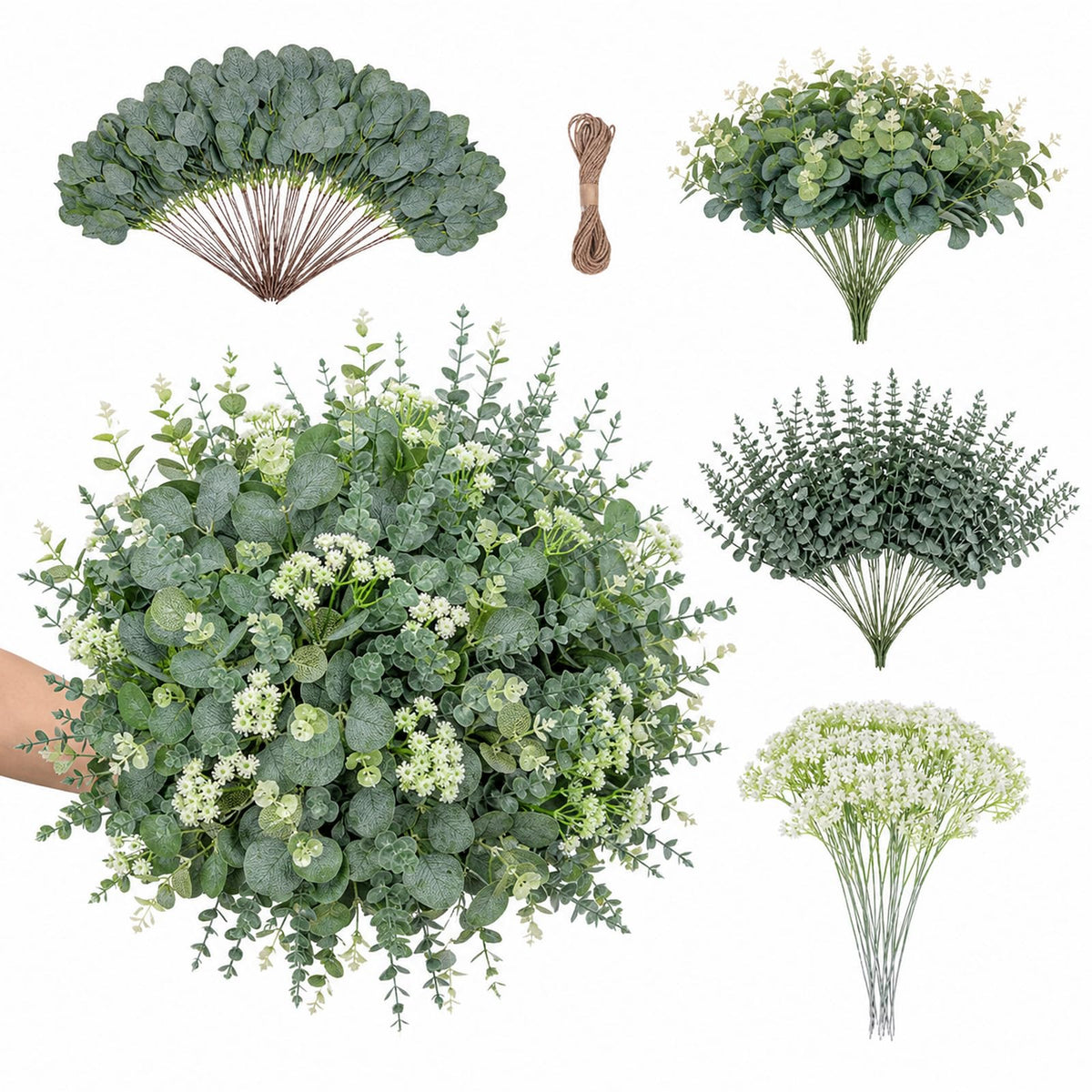 Anbeser 200 Pcs 4 Kinds Mixed Artificial Eucalyptus Greenery Stems Bulk