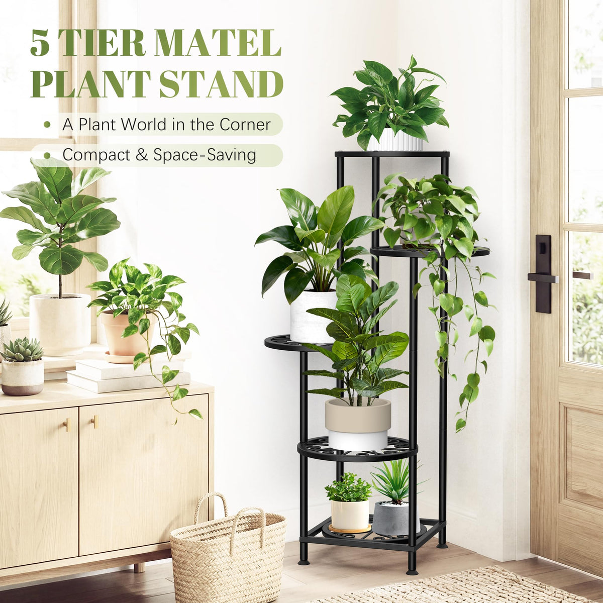 YOCOMEY 5 Tier Plant Stand Indoor Outdoor, Metal Shelf Holder Corner Black