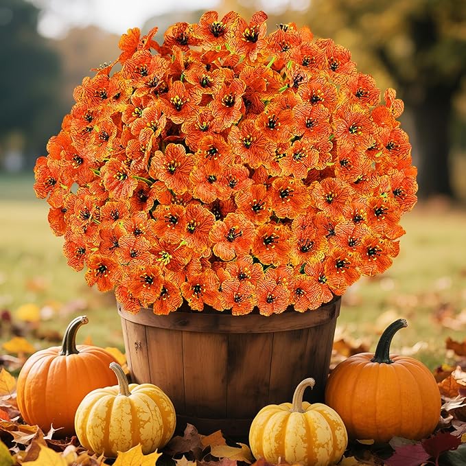 24 Bundles Artificial Fall Flowers for Outdoors, Realistic Fake Silk Flowers for Outside Decoration, Autumn Faux Plants Outdoor Planter Window Box Porch Patio Decor(Orange)