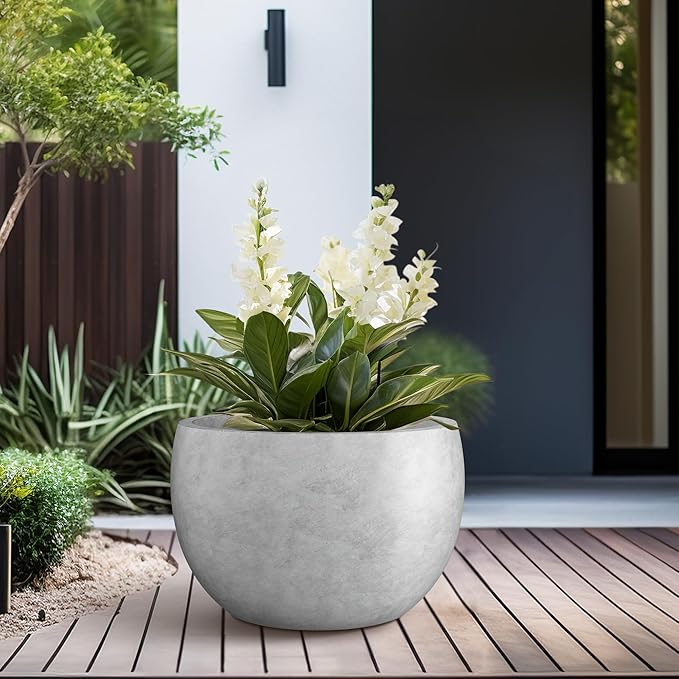 Kante 15.7" Dia Round Concrete Planter, Outdoor/Indoor Large Bowl Plant Pots with Drainage Hole and Rubber Plug for Garden Patio Balcony Home, Natural Concrete
