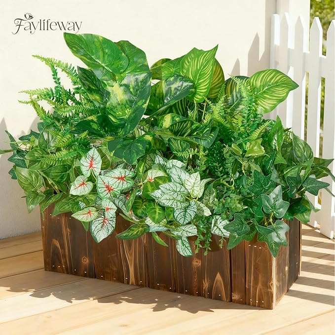 12 Bundles Artificial Plants Outdoor,UV Resistant Fake Greenery Stems with Large Shrubs Faux Plastic Plant for Outside Front Porch Planters Garden Window Box Patio Decor(Pot Not Included)